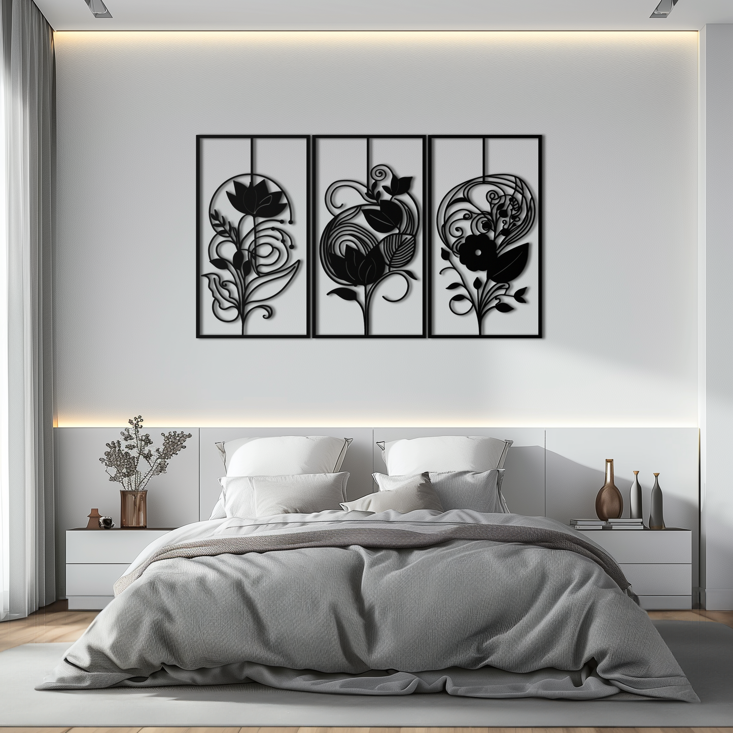Floral Panel Trio Metal Wall Art - Elegant Black Botanical Wall Decor Set- KAF317 - Tampa Home & Garden Store