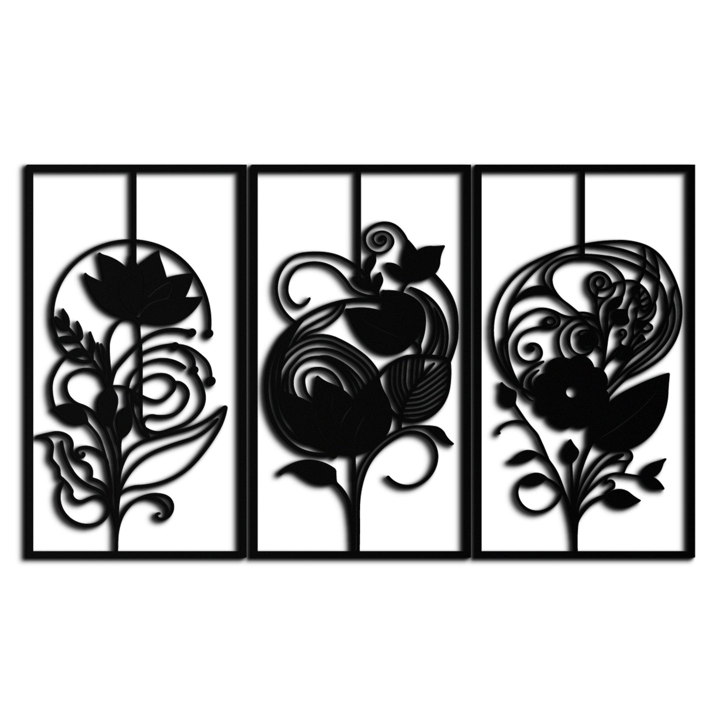 Floral Panel Trio Metal Wall Art - Elegant Black Botanical Wall Decor Set- KAF317 - Tampa Home & Garden Store