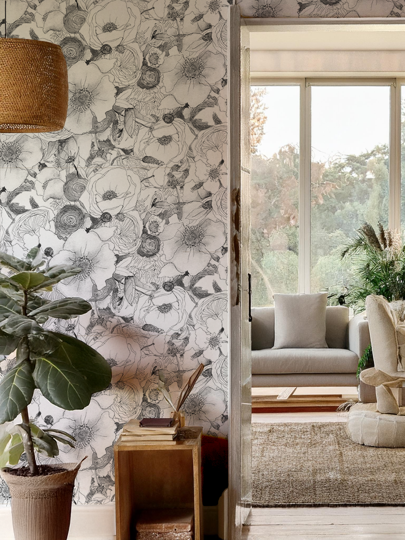 Floral Reverie Wallpaper, black and white - Tampa Home & Garden Store