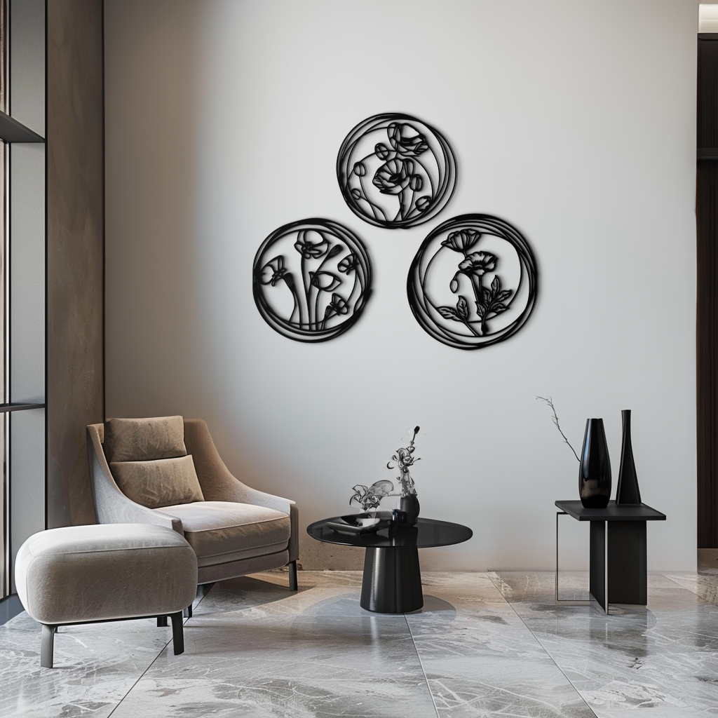 Floral Trio Metal Wall Art - Modern Botanical Circle Wall Decor- KAF168 - Tampa Home & Garden Store