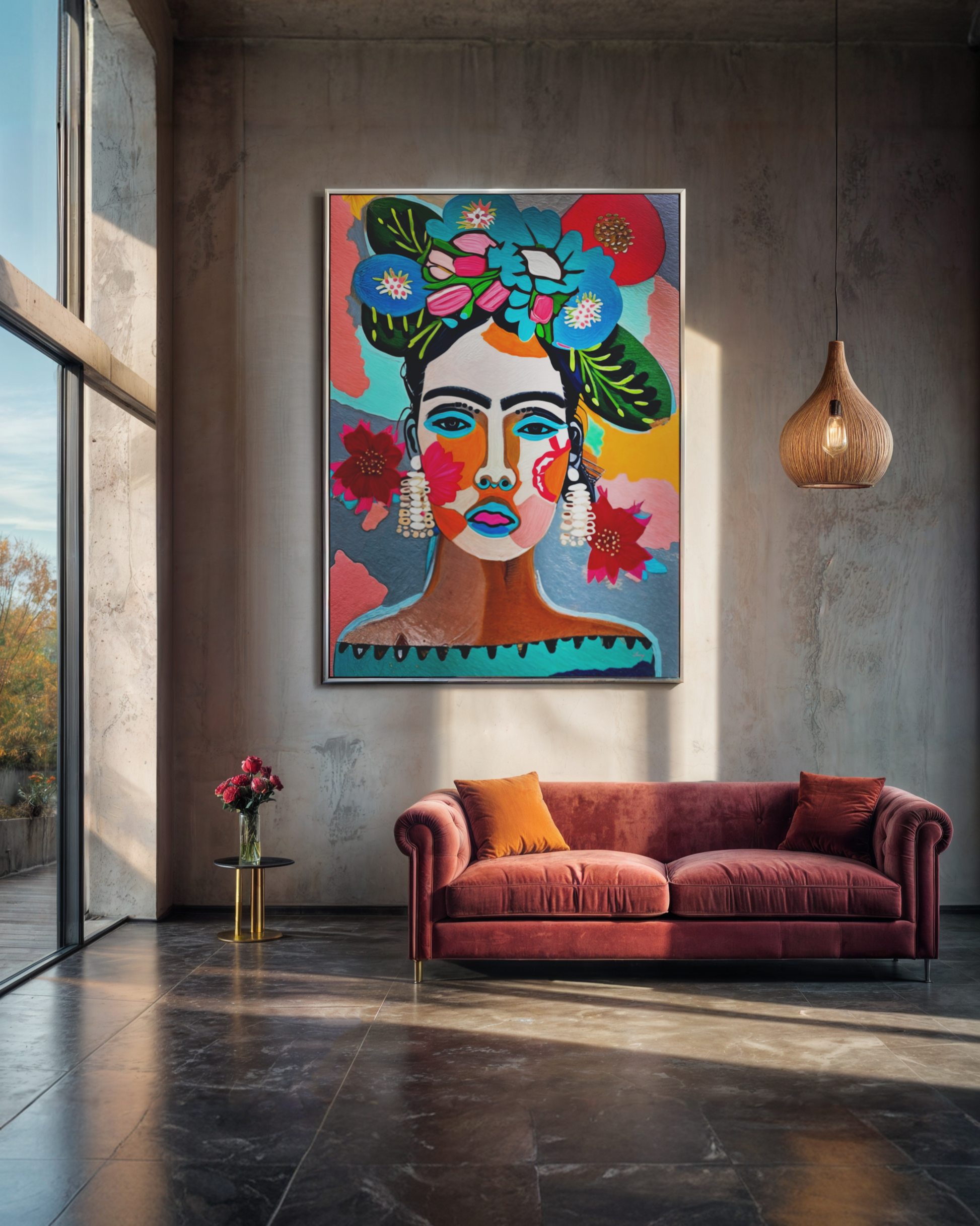 Canvas Print Floral Muse III by Tailored Canvases; floral headdress portrait in bold colors on Tampa Home & Garden Store