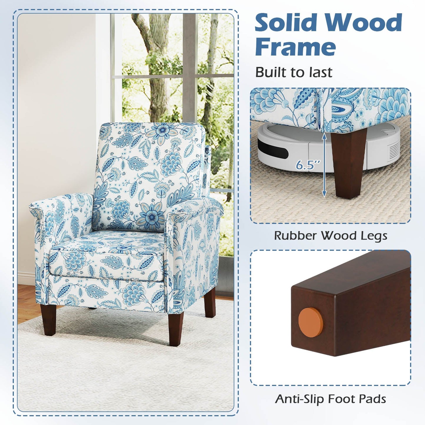 Floral Accent Chair Farmhouse Boho Armchair with Solid Wood Legs and High Back