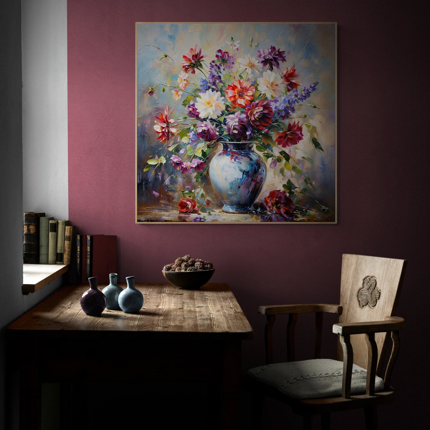 Canvas print Flore Symphony by Tailored Canvases, bouquet in blue vase on maroon wall on Tampa Home & Garden Store