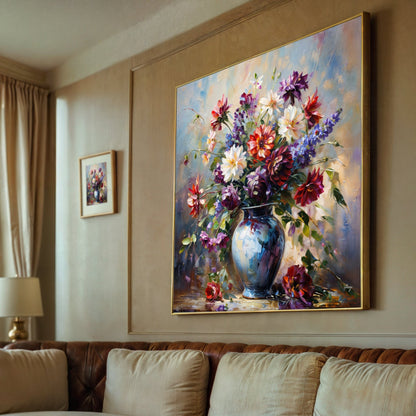 Canvas Print: Flore Symphony by Tailored Canvases, vibrant bouquet in blue vase with gold frame on Tampa Home & Garden Store
