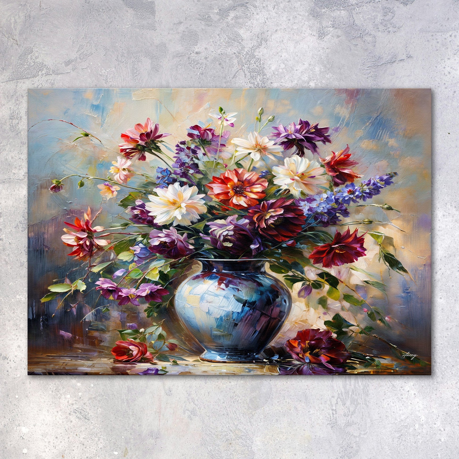 Canvas Print Flore Symphony by Tailored Canvases, vibrant multicolored bouquet in blue vase on Tampa Home & Garden Store