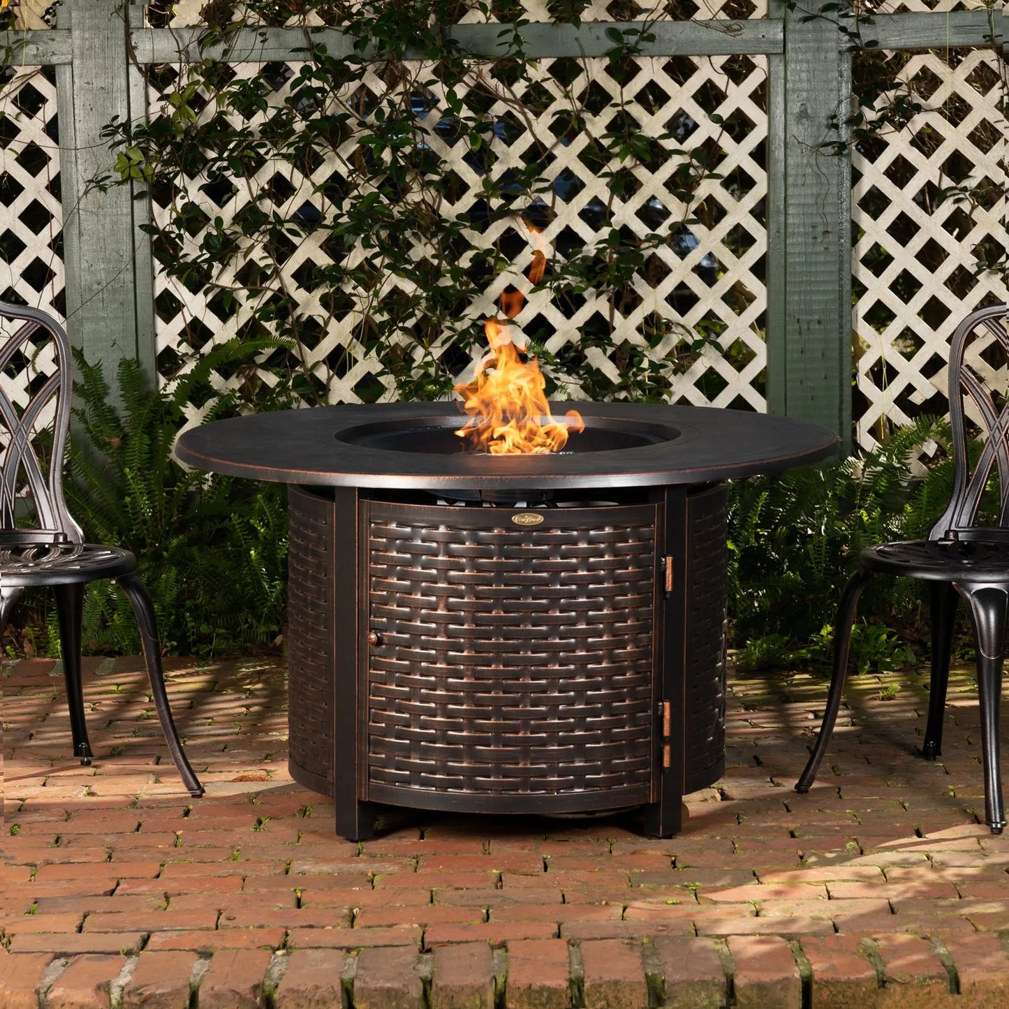 Florence 44in round woven aluminum gas fire pit table with flames for outdoor patio on Tampa Home & Garden Store