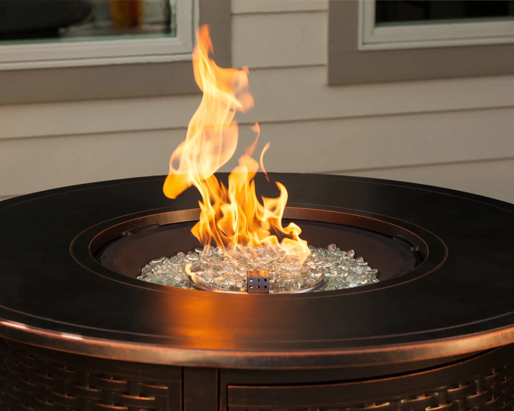 Florence 44in round woven aluminum gas fire pit table with glass crystal bed on Tampa Home & Garden Store