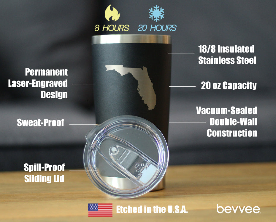 Florida State Outline - Insulated Coffee Tumbler Cup with Sliding Lid - Stainless Steel Coffee Mug - State Themed Outdoor Camping Gifts For Floridians - Tampa soil911.com