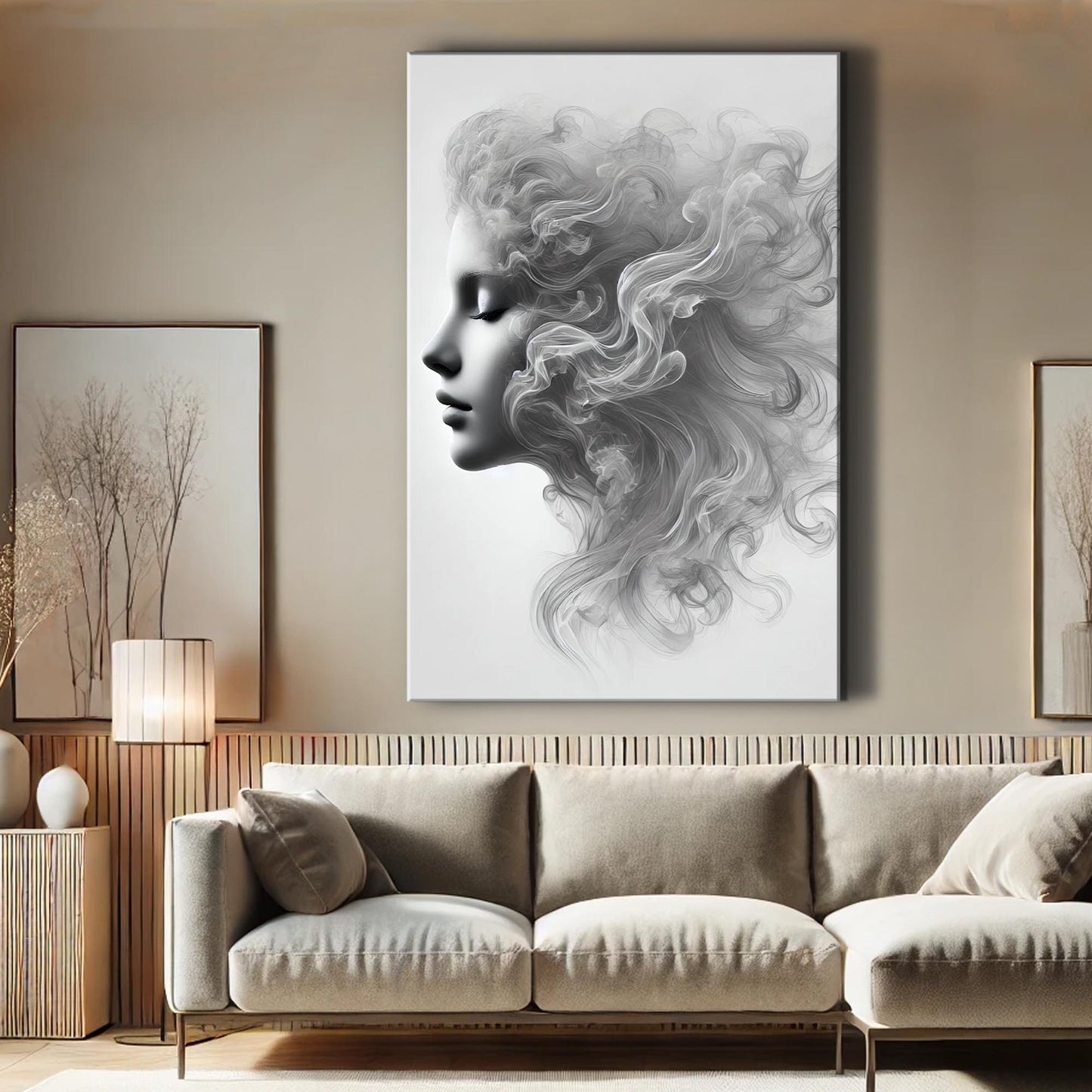 Soft Wave Beauty Wall Art canvas by Tailored Canvases, grayscale portrait with flowing hair on Tampa Home & Garden Store