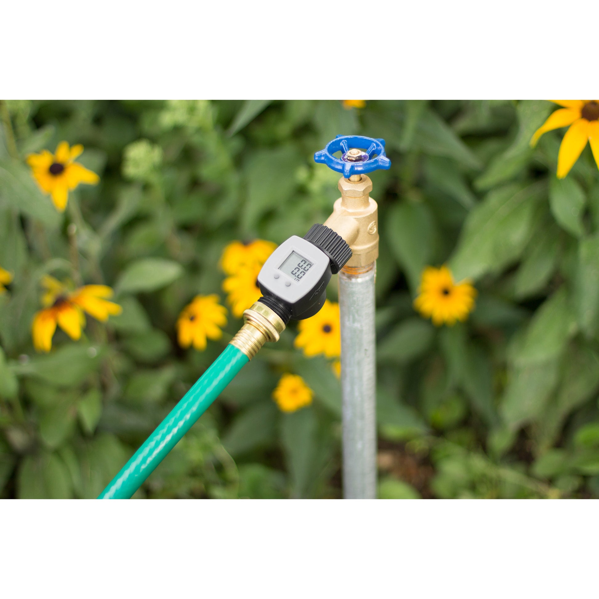 Hose end liquid flow meter Orbit 56854 with blue hand wheel and digital display on Tampa Home & Garden Store