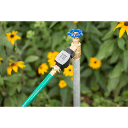 Hose end liquid flow meter Orbit 56854 with blue hand wheel and digital display on Tampa Home & Garden Store