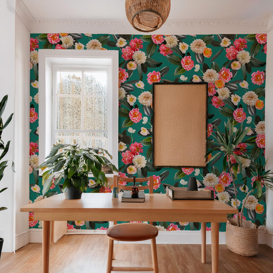 Flower Party Wallpaper, teal - Tampa Home & Garden Store