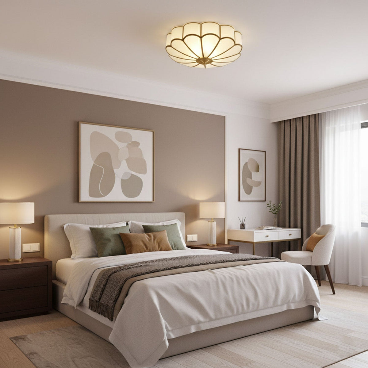 Flower shape frosted glass ceiling light with brass frame in bedroom Moktan Sabai, ambient glow on Tampa Home & Garden Store