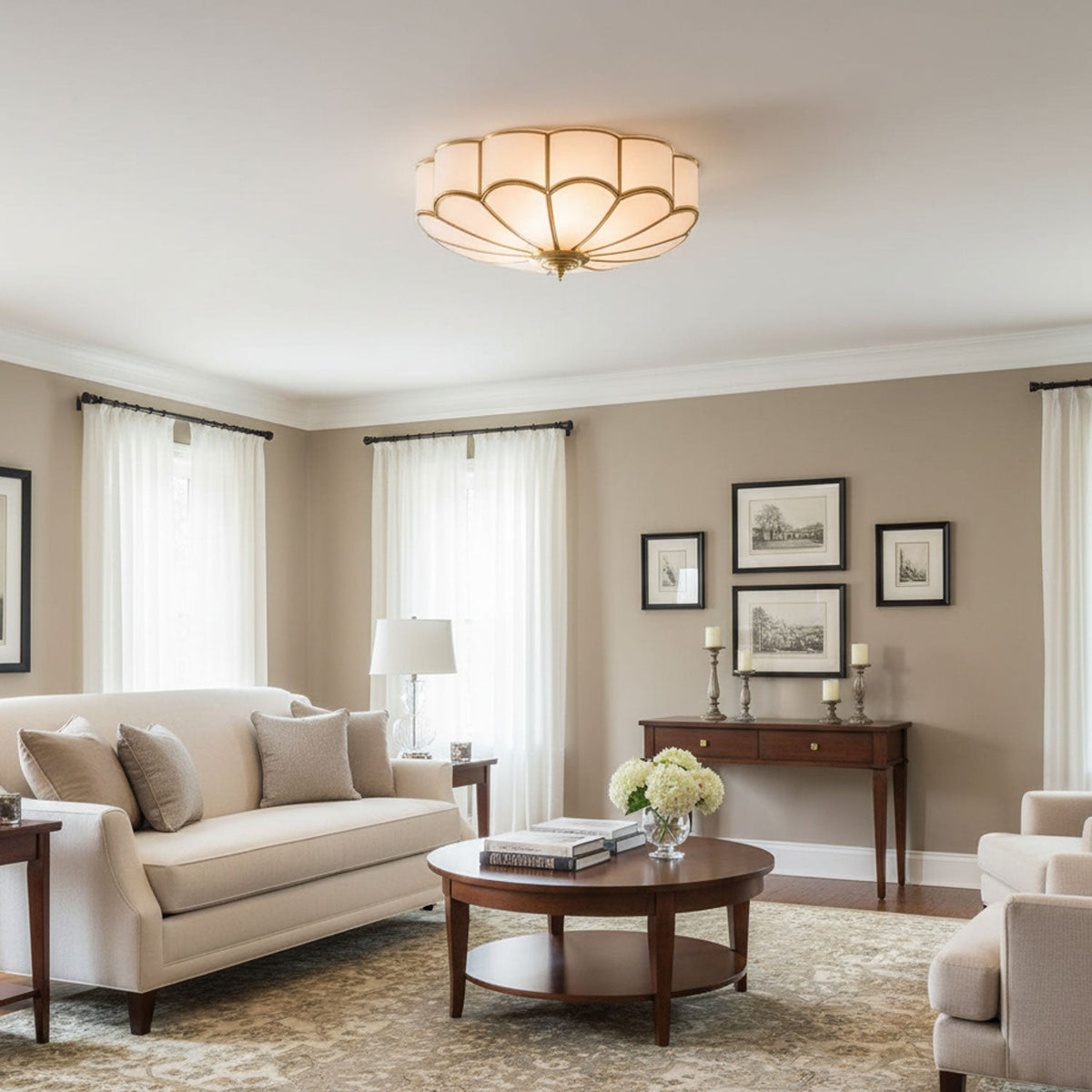 Flower shape frosted glass ceiling light with brass frame by Moktan Sabai for soft ambient glow on Tampa Home & Garden Store