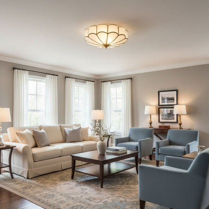 Flower shape frosted glass ceiling light with brass frame by Moktan Sabai in living room on Tampa Home & Garden Store