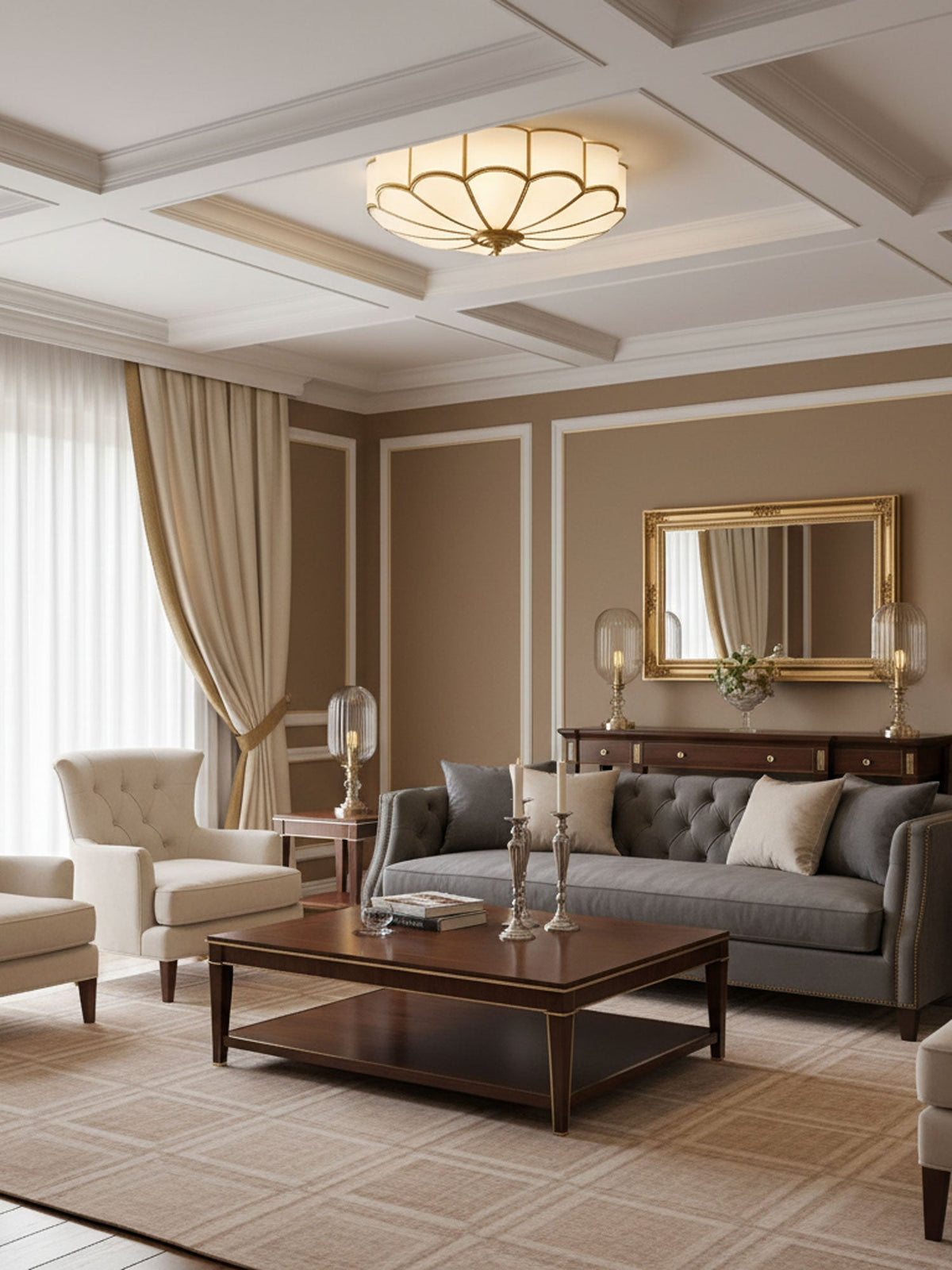 Flower shape frosted glass ceiling light with brass frame, Moktan Sabai, warm ambient glow on Tampa Home & Garden Store