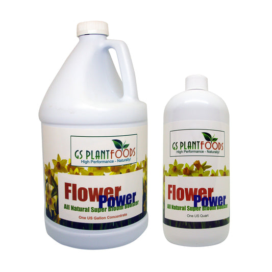 Flower Power All Natural Super Bloom Booster GS Plant Foods, two plastic fertilizer bottles on Tampa Home & Garden Store