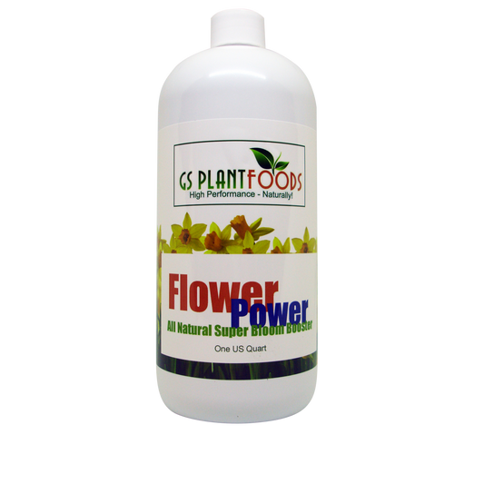 GS Plant Foods Flower Power fertilizer bottle with floral label, white plastic, one quart on Tampa Home & Garden Store