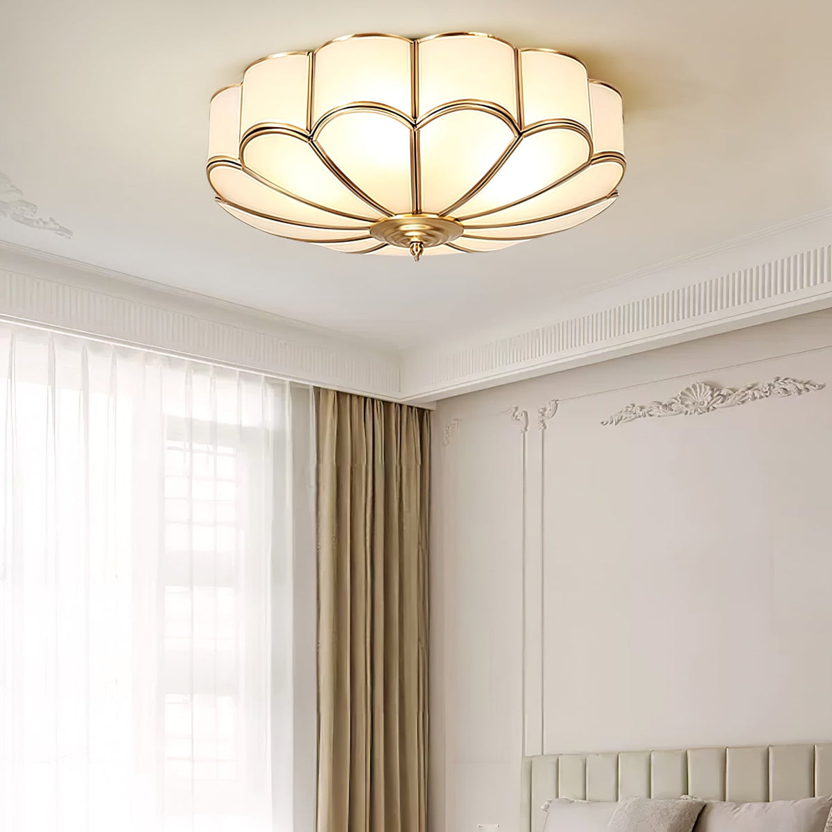 Flower Shape Frosted Glass Ceiling Light with Brass Frame Moktan Sabai, ambient glow on Tampa Home & Garden Store