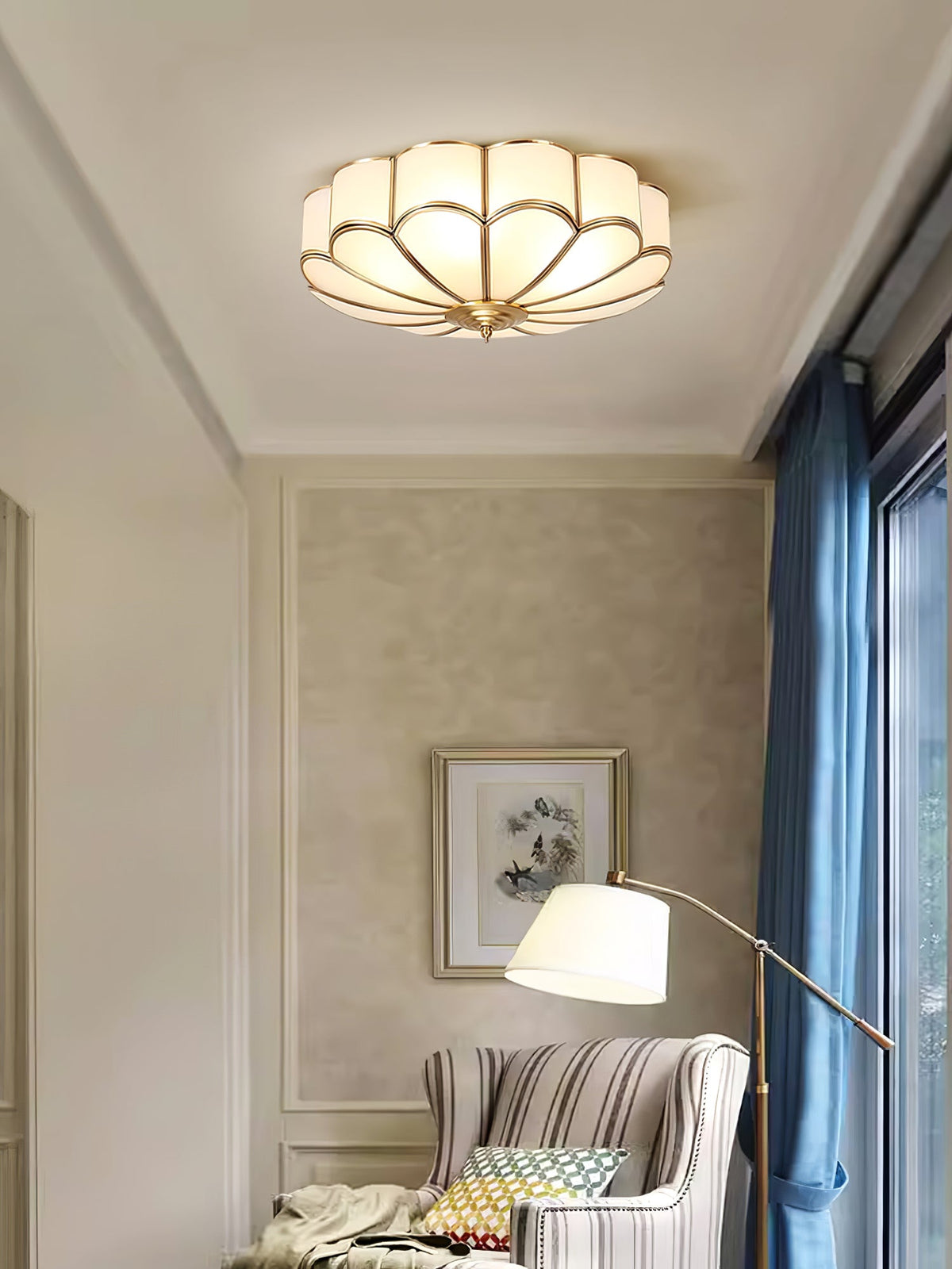 Flower-shaped frosted glass ceiling light with brass frame by Moktan Sabai, warm ambient glow on Tampa Home & Garden Store