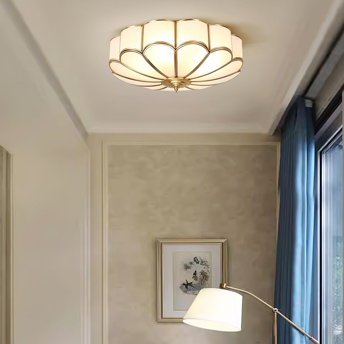 Flower shape frosted glass ceiling light with brass frame by Moktan Sabai, ambient glow on Tampa Home & Garden Store
