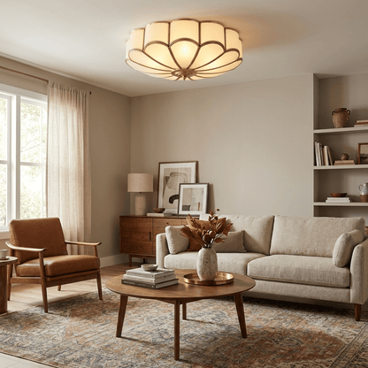 Flower Shape Frosted Glass Ceiling Light with Brass Frame by Moktan Sabai, warm ambient glow on Tampa Home & Garden Store