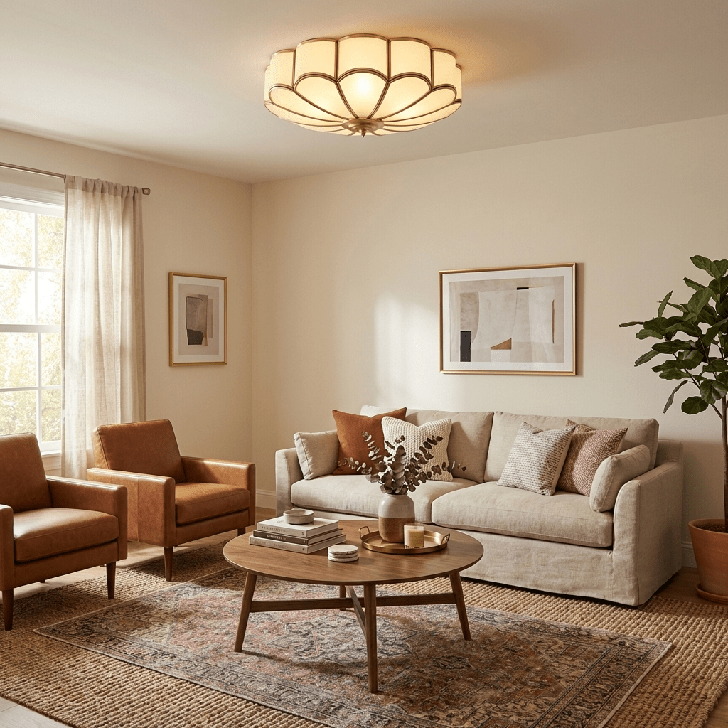 Flower-shaped frosted glass ceiling light with Moktan Sabai brass frame over a living room on Tampa Home & Garden Store
