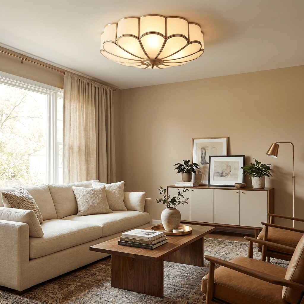 Flower Shape Frosted Glass Ceiling Light with Brass Frame by Moktan Sabai, soft glow on Tampa Home & Garden Store
