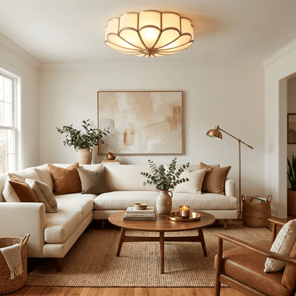 Flower Shape Frosted Glass Ceiling Light with Brass Frame by Moktan Sabai, warm ambient glow on Tampa Home & Garden Store