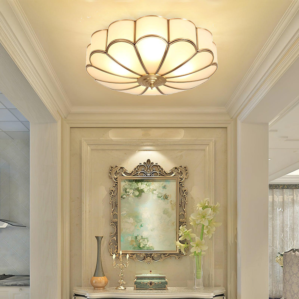 Flower Shape Frosted Glass Ceiling Light with Brass Frame for Soft Ambient Glow on Tampa Home & Garden Store