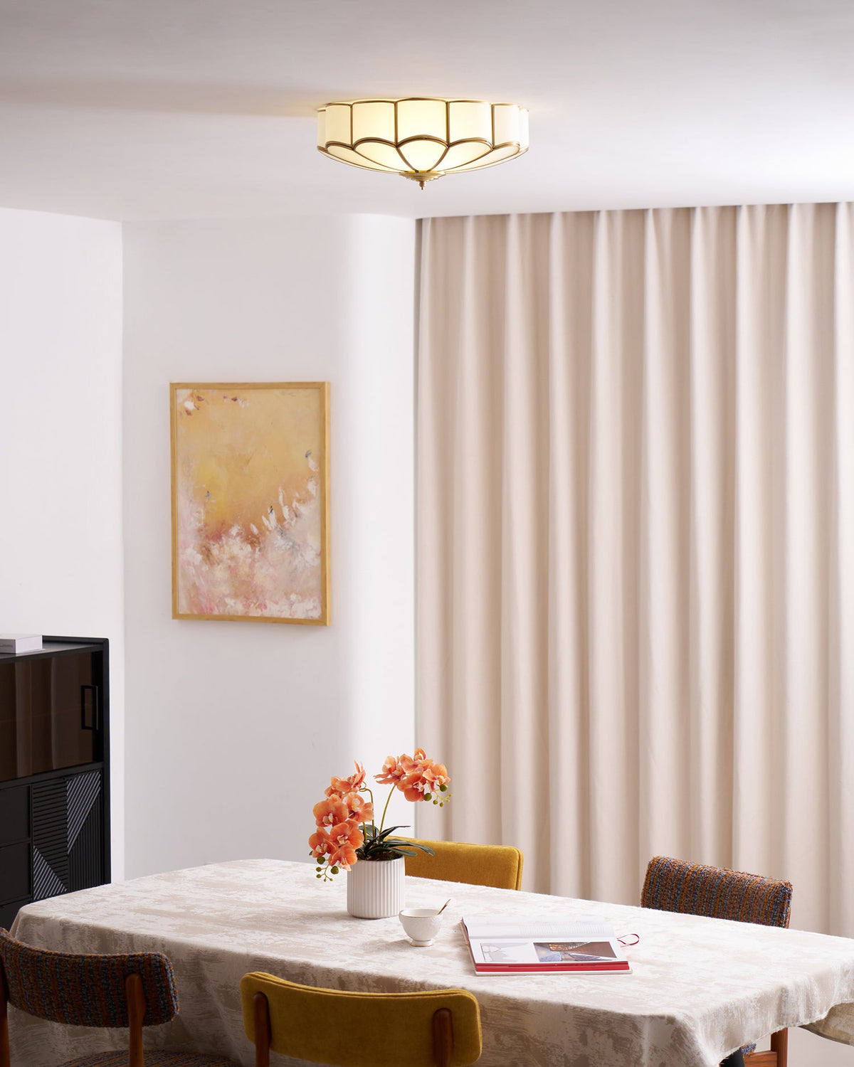 Flower-shaped frosted glass ceiling light with brass frame Moktan Sabai, elegant ceiling fixture on Tampa Home & Garden Store