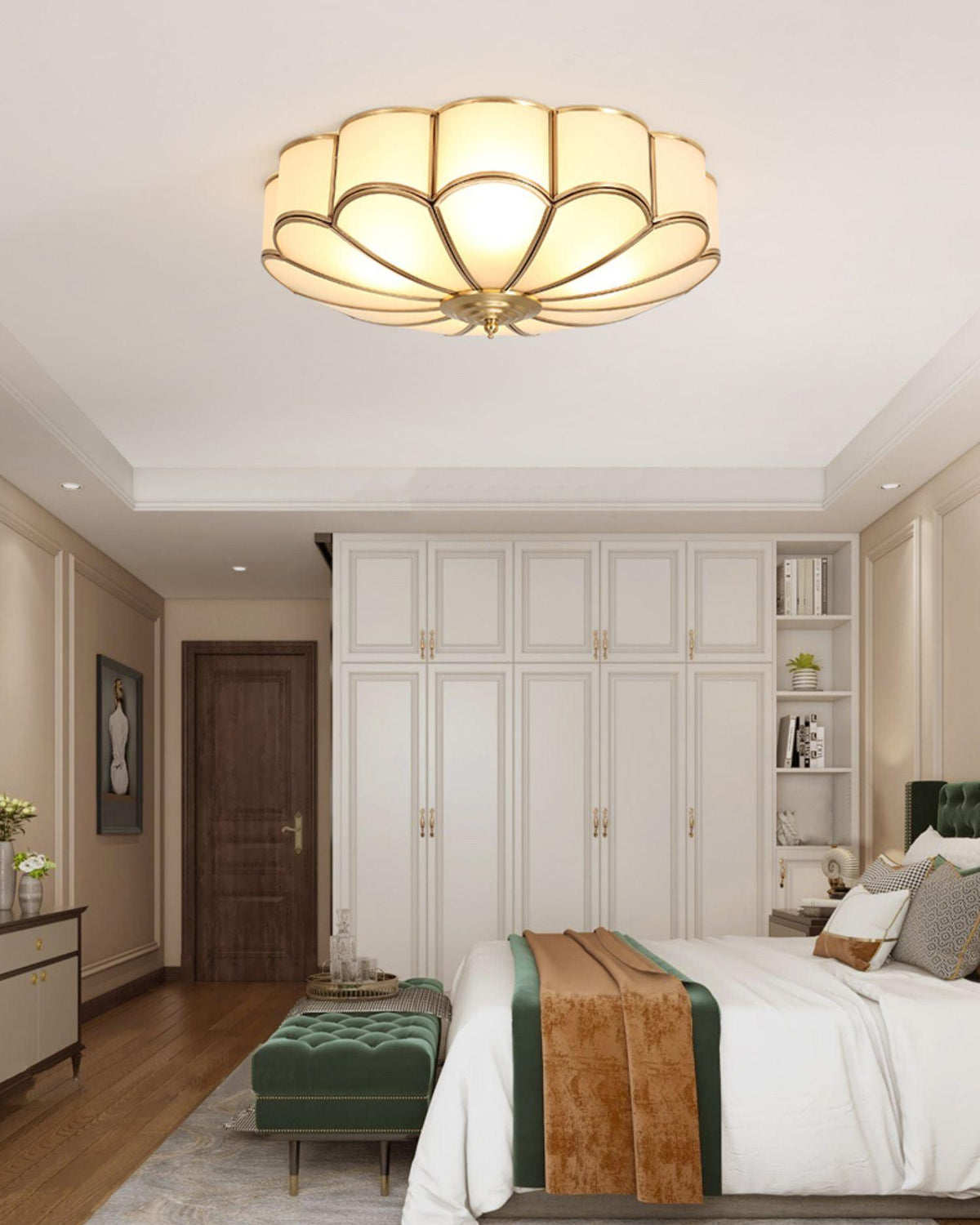 Flower Shape Frosted Glass Ceiling Light with Brass Frame by Moktan Sabai, soft ambient glow on Tampa Home & Garden Store