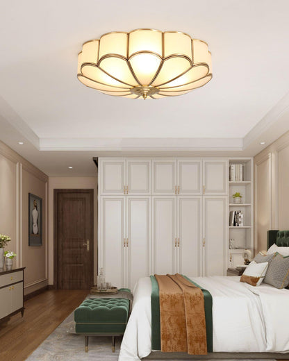 Flower Shape Frosted Glass Ceiling Light with Brass Frame by Moktan Sabai, soft ambient glow on Tampa Home & Garden Store