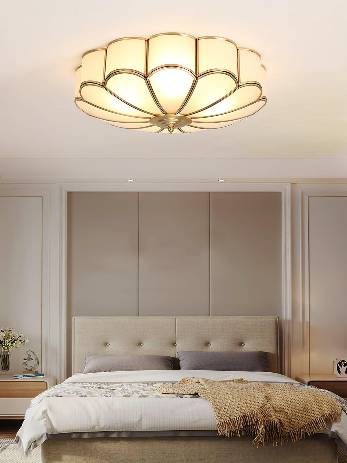 Flower shape frosted glass ceiling light with brass frame for soft ambient glow on Tampa Home & Garden Store