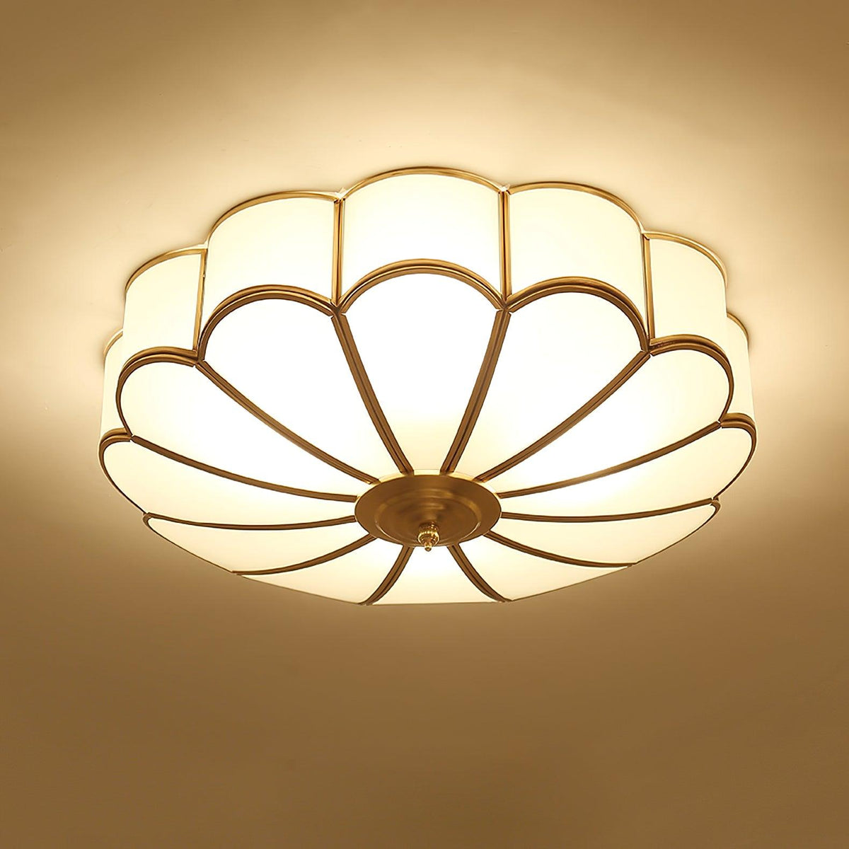 Flower shape frosted glass ceiling light with brass frame, Moktan Sabai, petal design on Tampa Home & Garden Store