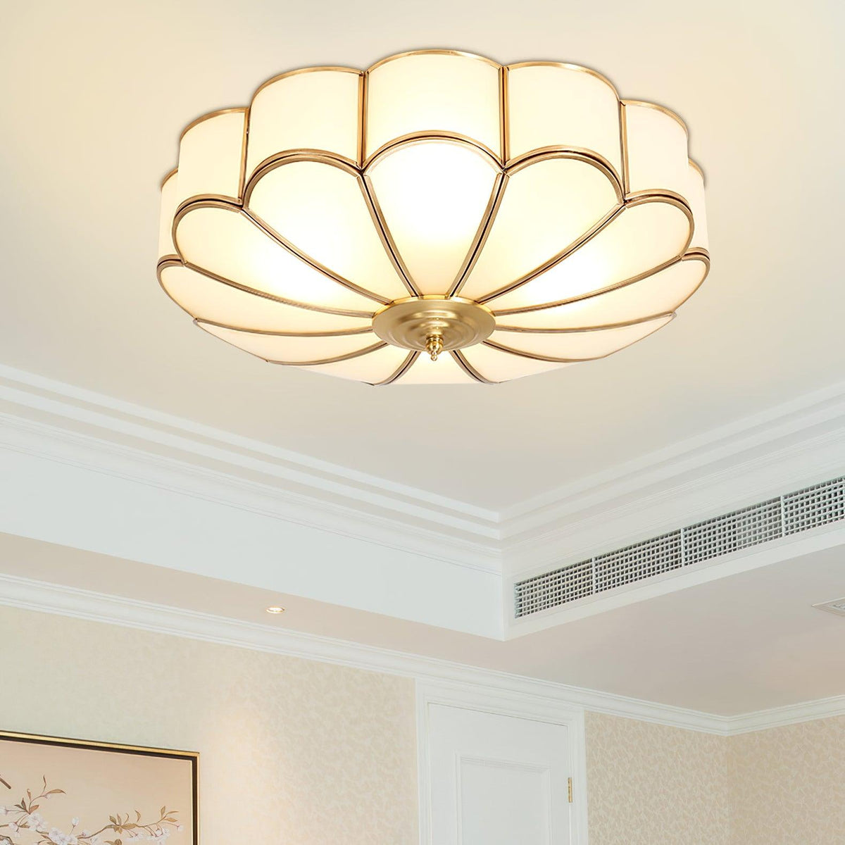 Flower shape frosted glass ceiling light with brass frame Moktan Sabai, soft ambient glow on Tampa Home & Garden Store