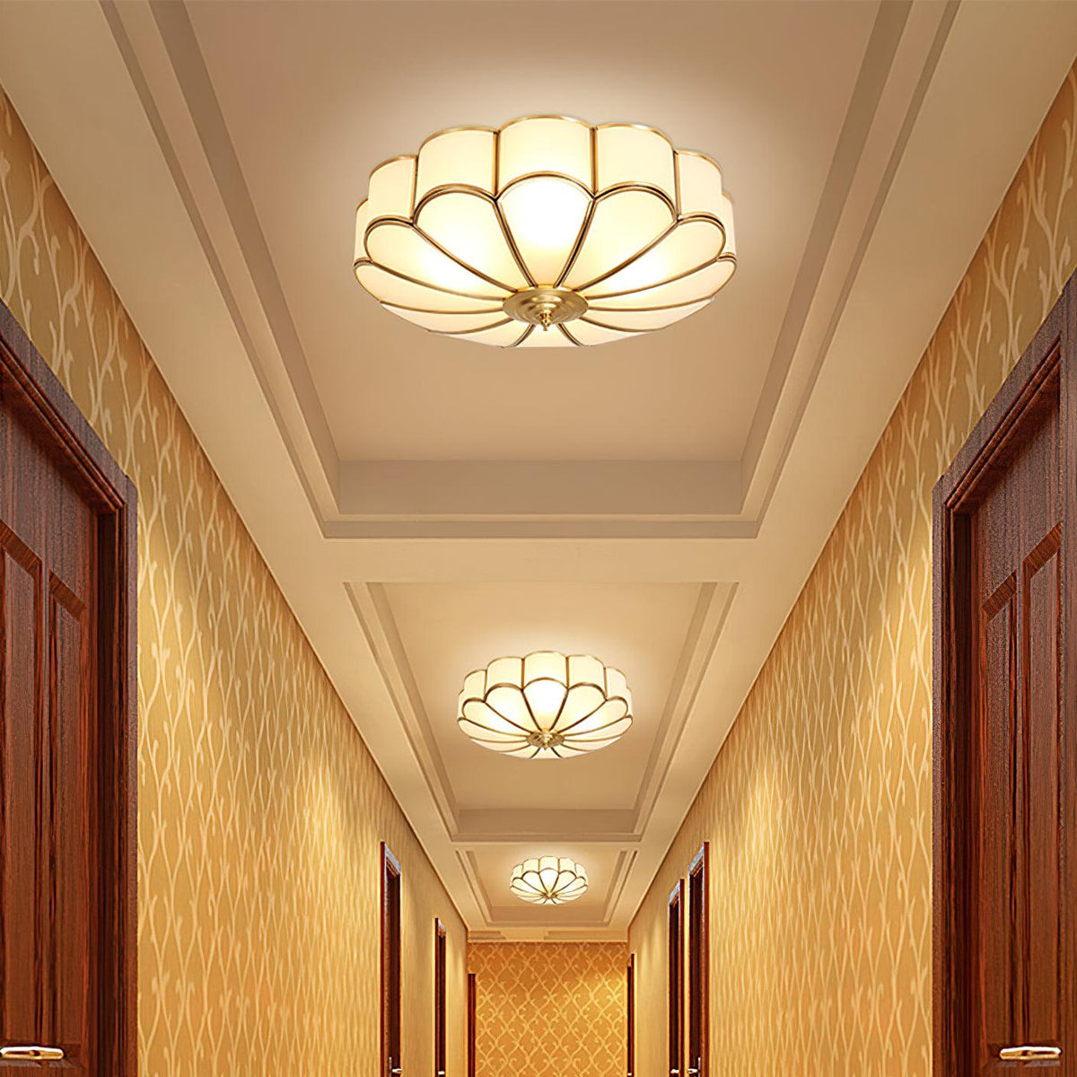 Flower shape frosted glass ceiling light with brass frame by Moktan Sabai two fixtures in hallway on Tampa Home & Garden Store