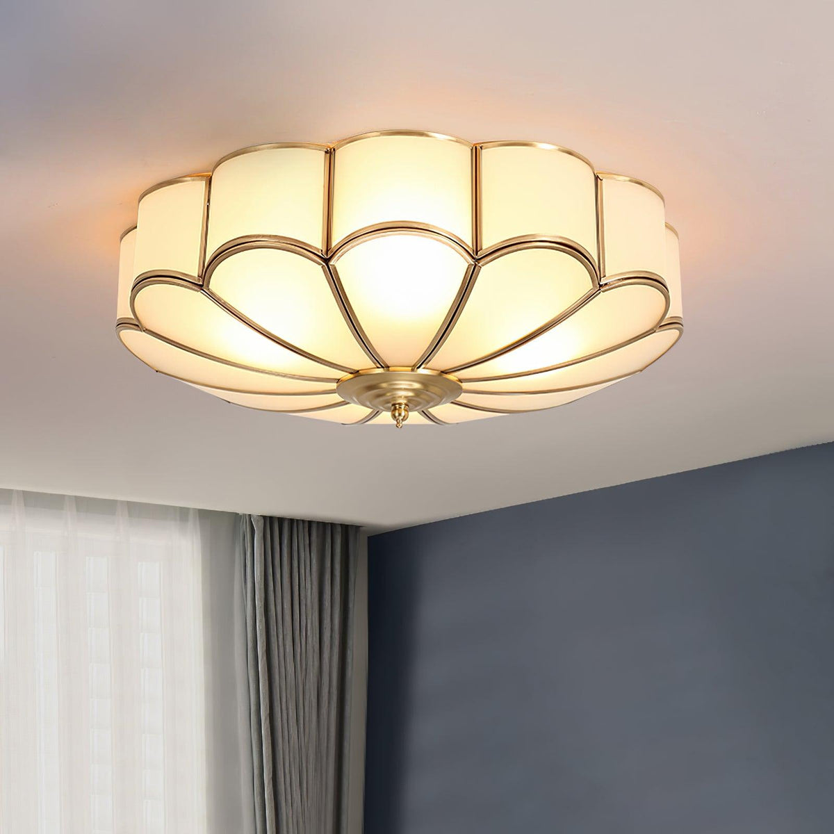 Flower Shape Frosted Glass Ceiling Light with Brass Frame by Moktan Sabai, soft ambient glow on Tampa Home & Garden Store
