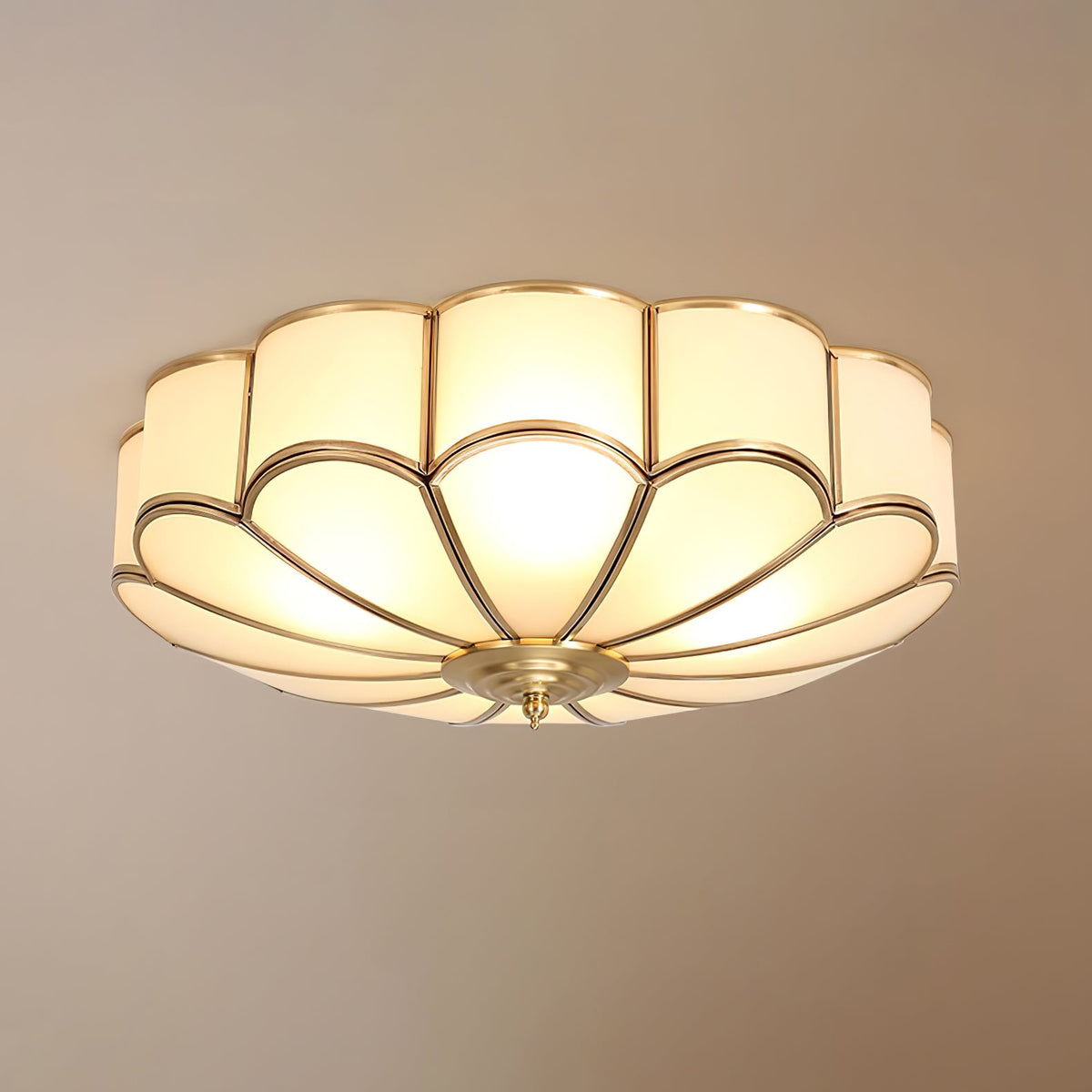 Flower-shaped frosted glass ceiling light with brass frame by Moktan Sabai, soft ambient glow on Tampa Home & Garden Store