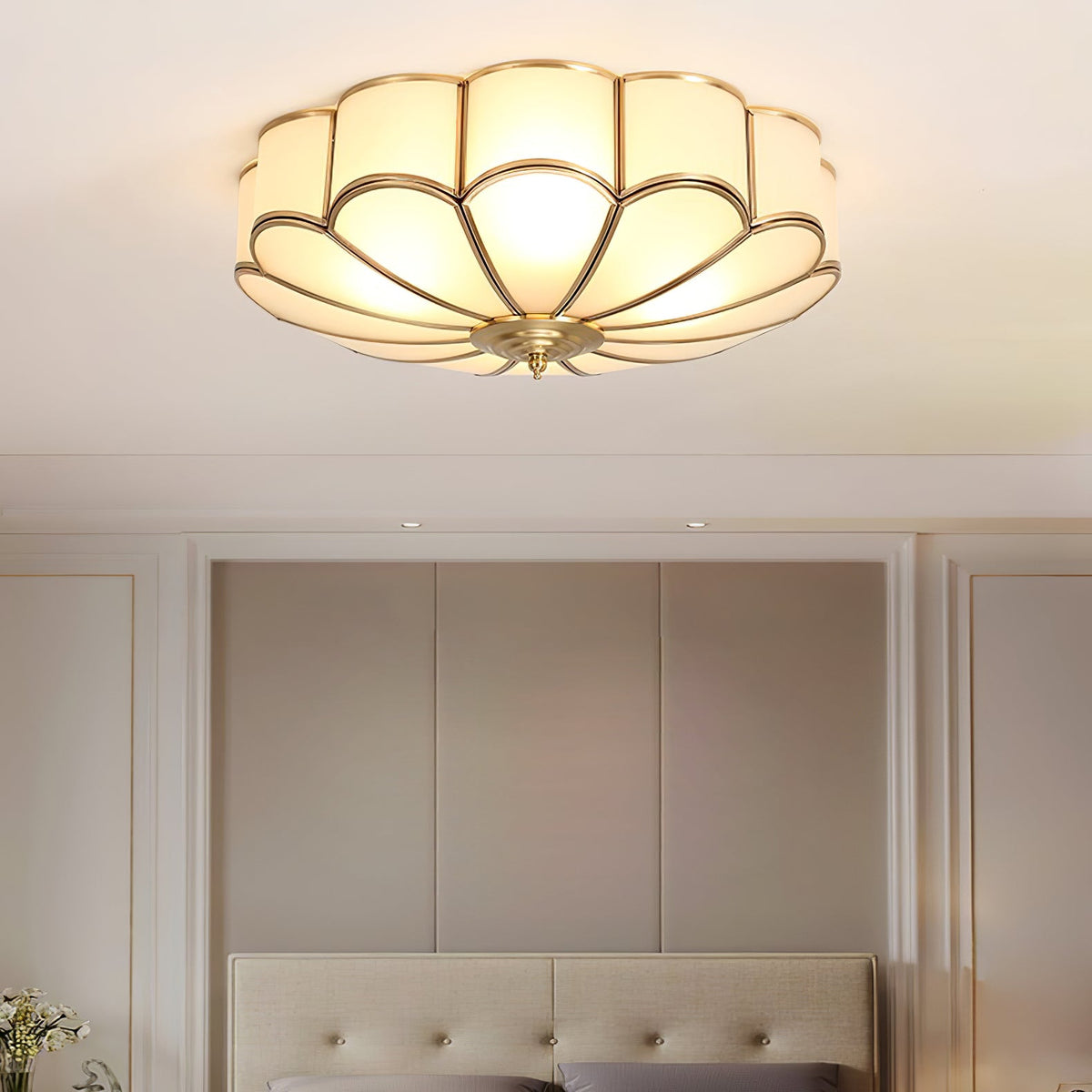 Flower Shape Frosted Glass Ceiling Light with Brass Frame, warm ambient glow on Tampa Home & Garden Store