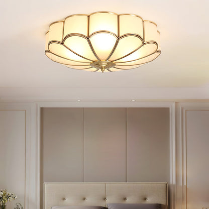 Flower Shape Frosted Glass Ceiling Light with Brass Frame, warm ambient glow on Tampa Home & Garden Store