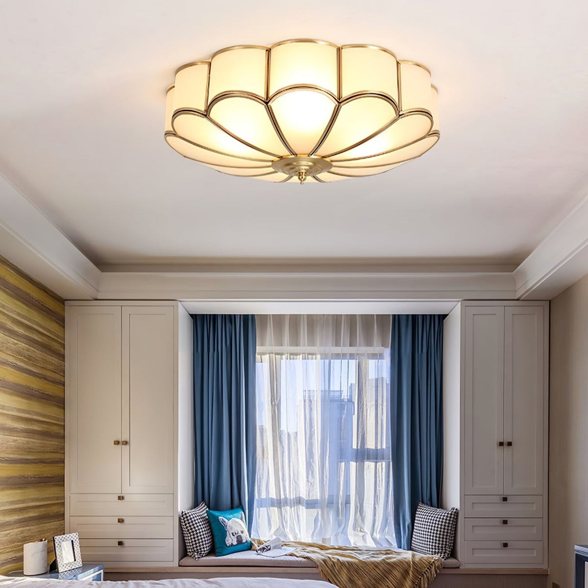Flower-shaped frosted glass ceiling light with brass frame Moktan Sabai warm ambient glow on Tampa Home & Garden Store