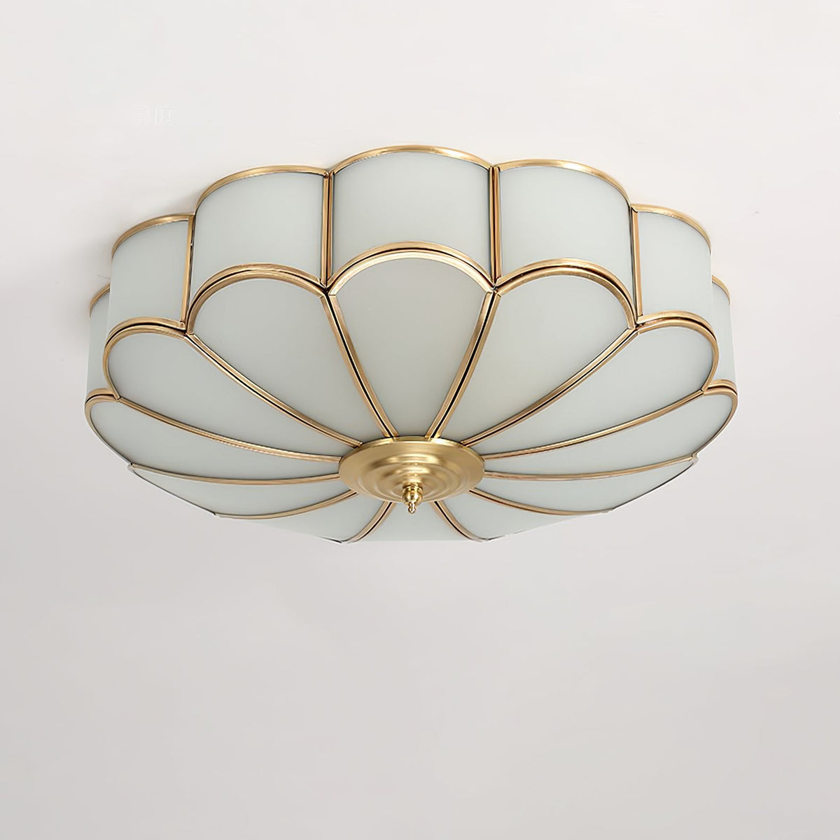 Flower-shaped frosted glass ceiling light with brass frame for soft ambient glow on Tampa Home & Garden Store