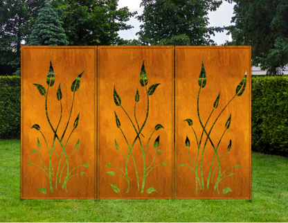 Outdoor metal privacy screen panels copper finish with green vine motifs, 3-panel set on Tampa Home & Garden Store