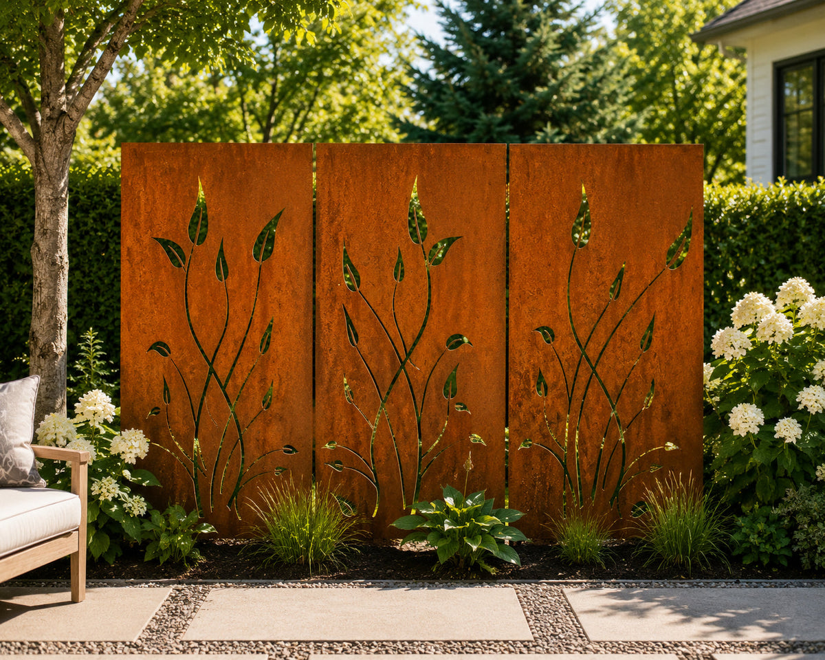 Outdoor metal privacy screen panels 3 rust panels with leaf shapes for patio 24x60 & 24x72 on Tampa Home & Garden Store