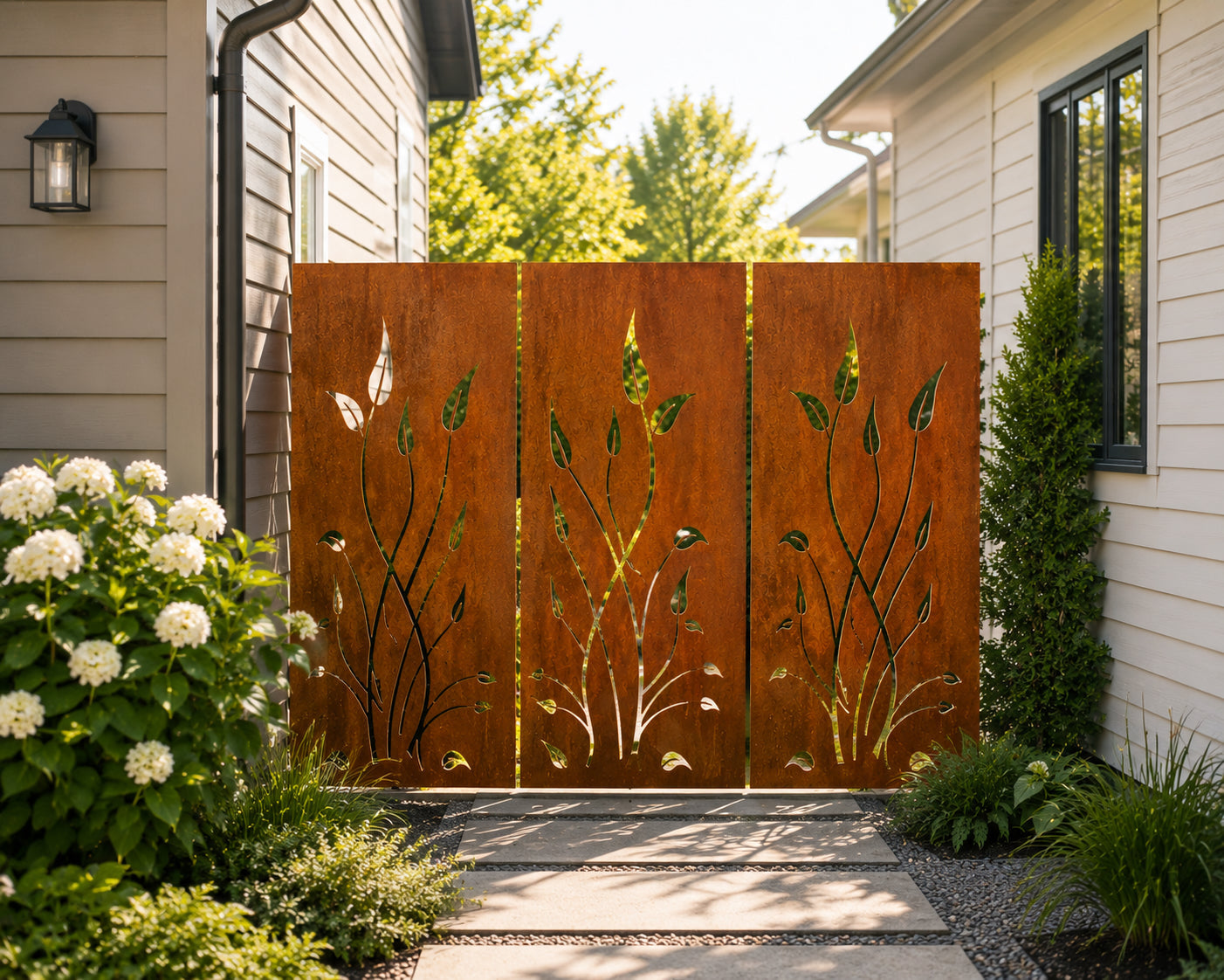 Outdoor metal privacy panels set of 3 rusted steel with leaf cutouts Rustica Ornamentals for patio on Tampa Home & Garden Store