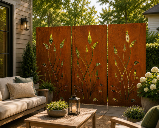 Outdoor rust-finish privacy screens with leaf cutouts; 24x60 & 24x72, Rustica Ornamentals on Tampa Home & Garden Store