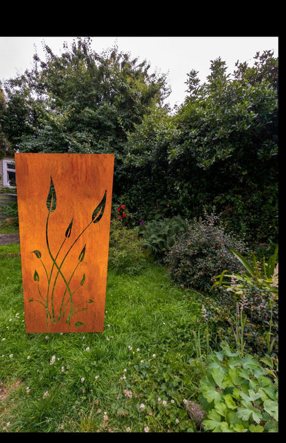 Outdoor metal privacy screen panel 46-inch rust finish leaf cutouts Rustica Ornamentals on Tampa Home & Garden Store