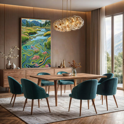 Canvas Print Flowing Serenity by Tailored Canvases; vivid river and hills in a dining room on Tampa Home & Garden Store