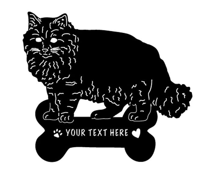 Long Haired Cat yard art silhouette in black on a bone-shaped stand with YOUR TEXT HERE on Tampa Home & Garden Store